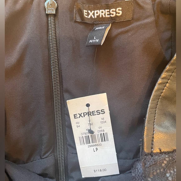 NWT Express Faux Leather Black Pleated Skirt Lace Trim Dress Large Petite - Picture 7 of 10